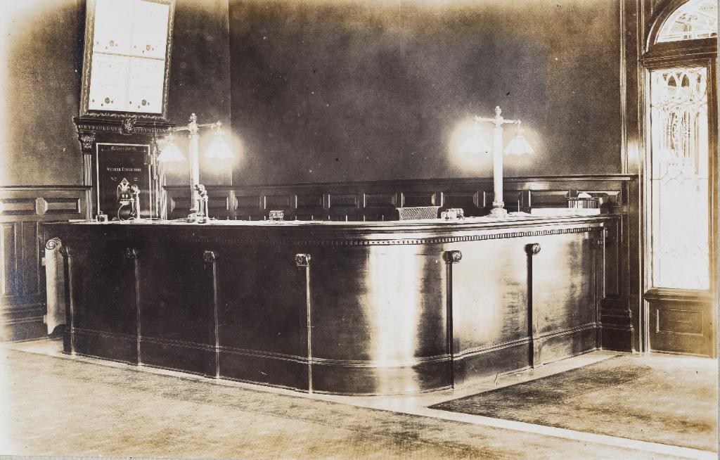 Historical interior of the Wichita Scottish Rite lodge room showing the ornate altar and furnishings